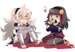  2girls barefoot black_hair blush chibi cup drinking eye_contact fire_emblem fire_emblem_if hairband heart hime_cut jewelry kamui_(fire_emblem) looking_at_another multiple_girls my_unit_(fire_emblem_if) ring seiza shara_(fire_emblem_if) silver_hair simple_background sitting star star-shaped_pupils syalla_(fire_emblem_if) symbol-shaped_pupils teacup yuri yusaname 