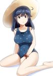 black_hair blue_swimsuit breasts brown_eyes commentary_request hat kantai_collection large_breasts long_hair mocchi one-piece_swimsuit open_mouth polka_dot polka_dot_swimsuit sitting solo sun_hat swimsuit ushio_(kantai_collection) 