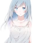  aqua_eyes bangs bare_shoulders blush collarbone dress eyebrows_visible_through_hair gradient_hair grey_hair hiro_(hirohiro31) long_hair looking_at_viewer multicolored_hair original parted_lips silver_hair simple_background solo sparkle strapless strapless_dress upper_body white_background white_dress 