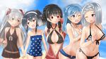  amatsukaze_(kantai_collection) bikini black_hair blue_eyes blue_hair breasts brown_eyes casual_one-piece_swimsuit commentary_request double_bun hair_ornament hair_ribbon hairclip hamakaze_(kantai_collection) highres holding_hands isokaze_(kantai_collection) kantai_collection large_breasts long_hair medium_breasts multiple_girls o-ring o-ring_top off_shoulder one-piece_swimsuit one_eye_closed open_mouth polka_dot polka_dot_bikini polka_dot_swimsuit red_eyes ribbon ribbon-trimmed_swimsuit ribbon_trim scrunchie short_hair silver_hair sin_(kami148) small_breasts smile swimsuit tokitsukaze_(kantai_collection) unzipped urakaze_(kantai_collection) 