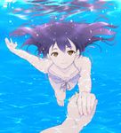  bikini egooo floating_hair holding_hands long_hair looking_at_viewer love_live! love_live!_school_idol_project out_of_frame pov pov_hands purple_hair smile solo_focus sonoda_umi swimsuit underwater yellow_eyes 