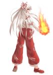  bow burning_hand cigarette commentary_request fire fujiwara_no_mokou hair_bow highres long_hair looking_at_viewer profile red_eyes silver_hair smile smoking solo suspenders touhou weiyinji_xsk white_background 