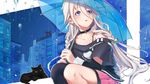  ahoge bad_id bad_pixiv_id bare_shoulders blue_eyes braid building cat choker highres ia_(vocaloid) long_hair megumoke off_shoulder open_mouth parted_lips rain silver_hair single_thighhigh skirt smile solo squatting thigh_strap thighhighs twin_braids umbrella very_long_hair vocaloid water_drop window 