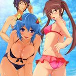  2girls adjusting_eyewear ass bare_shoulders bikini blush breasts cleavage cloud cloudy_sky commentary_request day glasses highres huge_breasts j-max_japan looking_at_viewer multiple_girls navel open_mouth original sky small_breasts smile sweat swimsuit 