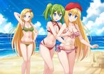  3girls arm_up armpits beach beret bikini blonde_hair blue_eyes blush breast_grab breasts cleavage cloud day grabbing grabbing_from_behind green_hair groping hand_on_hip hat highres kazenokaze large_breasts long_hair midriff multiple_girls navel ocean open_mouth original outdoors sand_castle sand_sculpture short_hair side-tie_bikini side_ponytail sky smile striped striped_bikini swimsuit water 