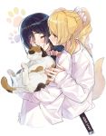  2girls ^_^ animal animal_ears artist_name ayase_eli black_hair blonde_hair blue_eyes blush calico cat closed_eyes copyright_name cropped_torso dog_ears dog_tail eyes_closed grin hair_ornament hair_over_shoulder hair_scrunchie hand_on_another&#039;s_arm highres holding holding_cat jealous kemonomimi_mode long_hair long_sleeves looking_at_another love_live! love_live!_school_idol_project low-tied_long_hair multiple_girls paw_print pink_scrunchie ponytail scrunchie shirt sidelocks smile tail toujou_nozomi upper_body white_background white_scrunchie white_shirt yuri zawawa_(satoukibi1108) 