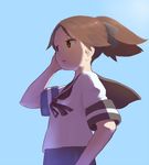  backlighting black_ribbon blue_background brown_eyes brown_hair brown_skirt commentary_request hair_ribbon hand_on_own_head hasukawa_isaburou highres kantai_collection open_mouth pleated_skirt ribbon school_uniform serafuku shikinami_(kantai_collection) short_hair short_ponytail short_sleeves skirt solo 