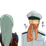 1girl admiral_(kantai_collection) aqua_hair brown_legwear clothes_in_mouth hat kantai_collection long_hair military military_uniform mouth_hold peaked_cap school_uniform shaded_face shirubaburu simple_background suzuya_(kantai_collection) thighhighs translated uniform upper_body white_background 