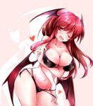  bikini black_bikini breasts cleavage collarbone come_hither demon_girl demon_wings fangs fumitsuki_(minaduki_6) head_wings heart koakuma large_breasts long_hair navel one_eye_closed open_mouth red_eyes red_hair smile solo strap_pull sweat swimsuit touhou very_long_hair wings 