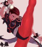  1girl black_hair breasts brown_eyes brown_hair bun_cover chinese_clothes chun-li double_buns eyeshadow female fighting_stance kicking leg_up legs lipstick makeup moke-re-mubenbe nail_polish panties pantyhose puffy_sleeves short_hair simple_background solo spiked_bracelet street_fighter underwear 