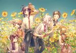  ^_^ ahoge artist_name atsushi_toushirou bag black_gloves black_hair brown_eyes brown_hair bucket cape closed_eyes flower glasses gloves hirano_toushirou honebami_toushirou labcoat maeda_toushirou male_focus multiple_boys namazuo_toushirou namie-kun open_mouth ponytail purple_eyes smile sunflower touken_ranbu watering_can yagen_toushirou 