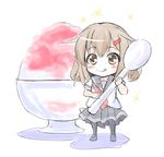  blush_stickers brown_eyes brown_hair chibi commentary_request fujishima_shinnosuke ikazuchi_(kantai_collection) kantai_collection licking_lips neckerchief school_uniform serafuku shaved_ice short_hair skirt solo sparkle spoon tongue tongue_out 