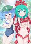  ball beachball blue_hair blush breast_rest breasts closed_eyes competition_school_swimsuit front_ponytail green_eyes green_hair hair_ribbon hat kagerou_(kers) kagiyama_hina kawashiro_nitori looking_at_viewer medium_breasts midriff multiple_girls nature navel one-piece_swimsuit open_mouth ribbon short_hair smile swimsuit touhou twintails two_side_up 