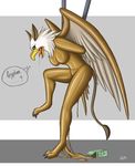  anthro audie-gryph avian brown_skin claws english_text female goo gryphon rubber_suit simple_background solo text tongue tongue_out transformation yellow_eyes 