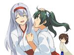  :d :o brown_hair closed_eyes commentary_request green_hair hair_ribbon hairband japanese_clothes kaga_(kantai_collection) kantai_collection long_hair looking_at_another looking_back multiple_girls muneate open_mouth ribbon shirubaburu shoukaku_(kantai_collection) side_ponytail silver_hair simple_background smile tears twintails v-shaped_eyebrows white_background white_ribbon zuikaku_(kantai_collection) 