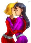  2girls black_hair blonde_hair bodysuit clover_(totally_spies) eyes_closed gloves heart kiss kissing latex latex_suit lips mandy_(totally_spies) multiple_girls short_hair simple_background totally_spies yuri 