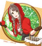  alternate_hairstyle apple bad_id bad_pixiv_id basket bow braid brown_eyes brown_gloves brown_hair food fruit gloves green_bow hair_bow little_red_riding_hood long_hair looking_at_viewer love_live! love_live!_school_idol_project minami_kotori red_hood smile solo twin_braids yomotsuka_tsukasa 