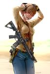  1girl clothed didloaded firearm gradient_background gun m4 solo sweat tagme 