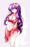  braid breasts cleavage collarbone crescent crescent_hair_ornament fumitsuki_(minaduki_6) hair_ornament large_breasts long_hair looking_at_viewer low-tied_long_hair navel patchouli_knowledge purple_eyes purple_hair sarong see-through solo swimsuit touhou twin_braids very_long_hair white_background 