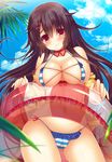  bikini black_hair blush breasts cleavage cloud day frilled_bikini frills hair_ornament hairclip large_breasts long_hair looking_at_viewer navel original palm_tree red_eyes smile solo striped striped_bikini suzune_rena swimsuit tree wet 