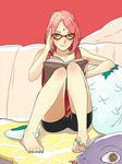  adjusting_glasses bangs bare_legs bare_shoulders barefoot bike_shorts blush book collarbone couch facial_mark feet fingernails forehead_mark glasses green_eyes hair_ornament hairclip hand_up haruno_sakura knees_together_feet_apart legs looking_at_viewer nail_polish nails naruto open_book pink_hair red-framed_glasses red_background red_shirt shadow shiny shiny_hair shirt short_hair shorts simple_background sitting sleeveless sleeveless_shirt smile solo stuffed_toy tank_top tes thigh_gap toenails toes 