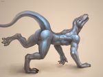  2015 all_fours anthro backsack balls blue_scales butt claws digitigrade klongi lizard looking_back male nude orange_eyes reptile scalie sharp_teeth side_view simple_background solo teeth toned 