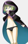  ass_visible_through_thighs black_panties blue_eyes cloak elfnein finger_to_mouth green_hair groin highres hood hooded_cloak kori_inu_(aminkurara) midriff navel panties ringed_eyes senki_zesshou_symphogear short_hair shushing solo thigh_gap twitter_username underwear 