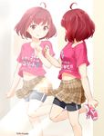  ahoge clothes_writing dated kasukabe_haru leg_up midriff nagian navel plaid plaid_skirt red_eyes red_hair red_shirt reflection shirt shoes shorts shorts_under_skirt skirt sneakers solo t-shirt tokyo_7th_sisters 