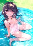  animal_ears barefoot black_hair blush breasts cleavage collar dog_ears dress heart-shaped_lock long_hair looking_at_viewer original red_eyes sitting small_breasts smile solo wading_pool wariza water wet white_dress yadapot 