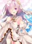  1girl alternate_costume artist_request bare_shoulders blush breasts bridal_veil bride cleavage clothes_grab commentary_request cosplay dress eyebrows_visible_through_hair fate/grand_order fate_(series) flower gloves hair_flower hair_ornament hair_over_one_eye holding holding_dress large_breasts lock looking_at_viewer mash_kyrielight nero_claudius_(bride)_(fate) nero_claudius_(bride)_(fate)_(cosplay) nero_claudius_(fate)_(all) open_mouth padlock pink_hair purple_eyes short_hair smile solo veil white_dress white_gloves zipper 