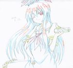  blue_hair bow colored_pencil_(medium) dated dress hand_on_hip hat highres kamishirasawa_keine long_hair one_eye_closed pink_x red_eyes ribbon scroll sketch smile solo touhou traditional_media 