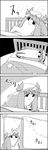  bed comic commentary crescent drying drying_clothes greyscale hair_ribbon hanging hat highres laundry laundry_pole mob_cap monochrome no_humans patchouli_knowledge ribbon smile tani_takeshi touhou translated tress_ribbon upside-down yukkuri_shiteitte_ne 