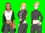  3girls alternate_costume aqua_eyes blonde_hair collarbone cosplay cowboy_shot food green_background karui lips long_sleeves looking_at_viewer midriff multiple_girls naruto navel off_shoulder ponytail red_hair simple_background sleeveless smile temari toes turtleneck yamanaka_ino zipper 