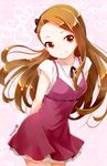  brown_eyes brown_hair dated dress heart heart_background idolmaster idolmaster_(classic) long_hair minase_iori nagian red_dress ribbon-trimmed_clothes ribbon_trim smile solo 