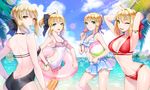  arms_behind_head arms_up artoria_pendragon_(all) bikini bikini_skirt blonde_hair casual_one-piece_swimsuit fate/extra fate/stay_night fate/unlimited_codes fate_(series) food ganik green_eyes hair_bun innertube long_hair midriff multiple_girls navel nero_claudius_(fate) nero_claudius_(fate)_(all) one-piece_swimsuit ponytail popsicle saber saber_alter saber_lily swimsuit yellow_eyes 