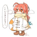  ahoge alternate_costume blush boots duffel_coat i-168_(kantai_collection) kantai_collection long_hair lowres multicolored_hair pink_hair ponytail rebecca_(keinelove) red_eyes scarf translation_request two-tone_hair 