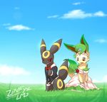  2015 ahoge black_fur blue_sky bow_tie bride brown_eyes clothed clothing cloud couple cute dress eeveelution female feral fur grass groom leaf leafeon male mammal necktie nintendo open_mouth outside paws pok&eacute;mon red_eyes sitting sky smile umbreon veil video_games wedding_dress zinfyu 