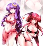  bikini black_bikini braid breasts cleavage collarbone come_hither crescent crescent_hair_ornament demon_girl demon_wings fangs fumitsuki_(minaduki_6) hair_ornament head_wings heart koakuma large_breasts long_hair looking_at_viewer low-tied_long_hair multiple_girls navel one_eye_closed open_mouth patchouli_knowledge purple_eyes purple_hair red_eyes red_hair sarong see-through smile strap_pull sweat swimsuit touhou twin_braids very_long_hair white_background wings zoom_layer 