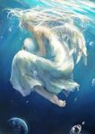  angel angel_wings bare_shoulders barefoot blonde_hair bubble closed_eyes dress egg fantasy floating_hair from_behind highres holding long_dress long_hair original solo strapless strapless_dress tori_(qqqt) underwater white_dress wings 