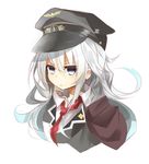  :&lt; alternate_costume aqua_eyes aqua_hair bad_id bad_pixiv_id cape closed_mouth commentary_request hat hibiki_(kantai_collection) kantai_collection long_hair looking_at_viewer messy_hair military military_uniform miyabino_(miyabi1616) necktie peaked_cap portrait simple_background solo uniform v-shaped_eyebrows white_background 