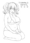  blush breasts cleavage headphones huge_breasts lineart looking_at_viewer monochrome navel nitroplus open_mouth plump seiza short_hair sitting smile solo super_pochaco swimsuit tsuji_santa twintails 