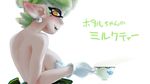  1girl bad_id bad_pixiv_id breast_hold breasts cup fangs gloves green_hair hotaru_(splatoon) kabeu_mariko large_breasts looking_to_the_side mole mole_under_eye monster_girl open_mouth pointy_ears splatoon_(series) splatoon_1 teacup translated white_gloves yellow_eyes 