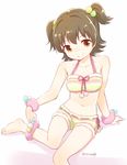  akagi_miria anklet arm_support barefoot bracelet brown_eyes brown_hair collarbone dated idolmaster idolmaster_cinderella_girls jewelry looking_at_viewer nagian navel pom_pom_(clothes) ribbon-trimmed_shorts ribbon-trimmed_underwear ribbon_trim short_shorts shorts smile solo two_side_up underwear 