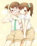  :d adjusting_eyewear arm_around_neck bespectacled brown_eyes brown_hair dated futami_ami futami_mami glasses hair_bobbles hair_ornament holding holding_eyewear holding_hands idolmaster idolmaster_(classic) interlocked_fingers multiple_girls nagian necktie open_mouth red-framed_eyewear shirt shorts siblings side_ponytail sisters smile twins white_shirt 