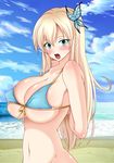  adjusting_clothes adjusting_swimsuit beach bikini blonde_hair blue_bikini blue_eyes blush boku_wa_tomodachi_ga_sukunai breasts butterfly_hair_ornament cleavage cloud cloudy_sky commentary_request covered_nipples day fang groin hair_ornament highres j-max_japan kashiwazaki_sena large_breasts long_hair looking_at_viewer navel open_mouth sky solo surprised sweat sweatdrop swimsuit 