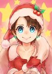  33333_33333 blue_eyes brown_hair christmas collarbone earrings face gloves hat holly jewelry looking_at_viewer original pink_background red_gloves sack santa_costume santa_gloves santa_hat short_hair smile solo star upper_body 