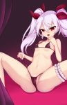  1girl azur_lane bangs bikini black_bikini blush breasts cameltoe commentary_request covered_nipples eyebrows_visible_through_hair fang fune_yoi hair_between_eyes hair_ribbon heart heart-shaped_pupils highres lavender_hair leg_garter long_hair looking_at_viewer micro_bikini open_mouth red_eyes ribbon sitting small_breasts smile solo spread_legs swimsuit symbol-shaped_pupils twintails vampire_(azur_lane) 