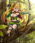  ahoge aiming arrow bandages blonde_hair blue_eyes bow bow_(weapon) braid branch breasts capelet cleavage drawing_bow elf facial_mark flower forehead_mark greaves green_nails hair_flower hair_ornament hair_ribbon holding holding_arrow holding_bow_(weapon) holding_weapon horns in_tree knife large_breasts leaf long_hair midriff nail_polish naomi_(fantasia) open_toe_shoes outdoors outstretched_arm pointy_ears pouch quiver ribbon sandals shingoku_no_valhalla_gate shoes sitting sitting_in_tree solo toenail_polish toes tree twintails weapon 
