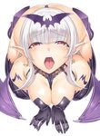  breasts cleavage demon_girl elbow_gloves gloves hakaba_(dairiseki) large_breasts long_hair open_mouth pointy_ears red_eyes solo succubus thighhighs white_hair wings 