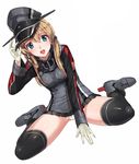  adjusting_clothes adjusting_hat akasaai anchor_hair_ornament bad_id bad_pixiv_id blonde_hair blush commentary_request dutch_angle gloves hair_ornament hat kantai_collection long_hair looking_at_viewer military military_uniform open_mouth panties pantyshot pantyshot_(sitting) peaked_cap pleated_skirt prinz_eugen_(kantai_collection) simple_background sitting skirt smile solo thighhighs twintails underwear uniform wariza white_gloves white_panties 